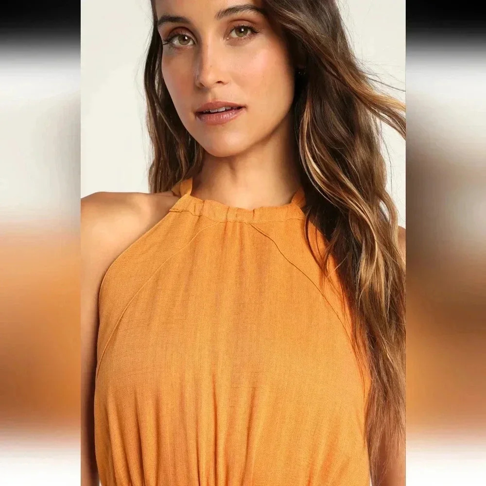 Lulus Reach for Radiance Marigold Halter Wide-Leg Jumpsuit Size M NWT - Picture 3 of 14